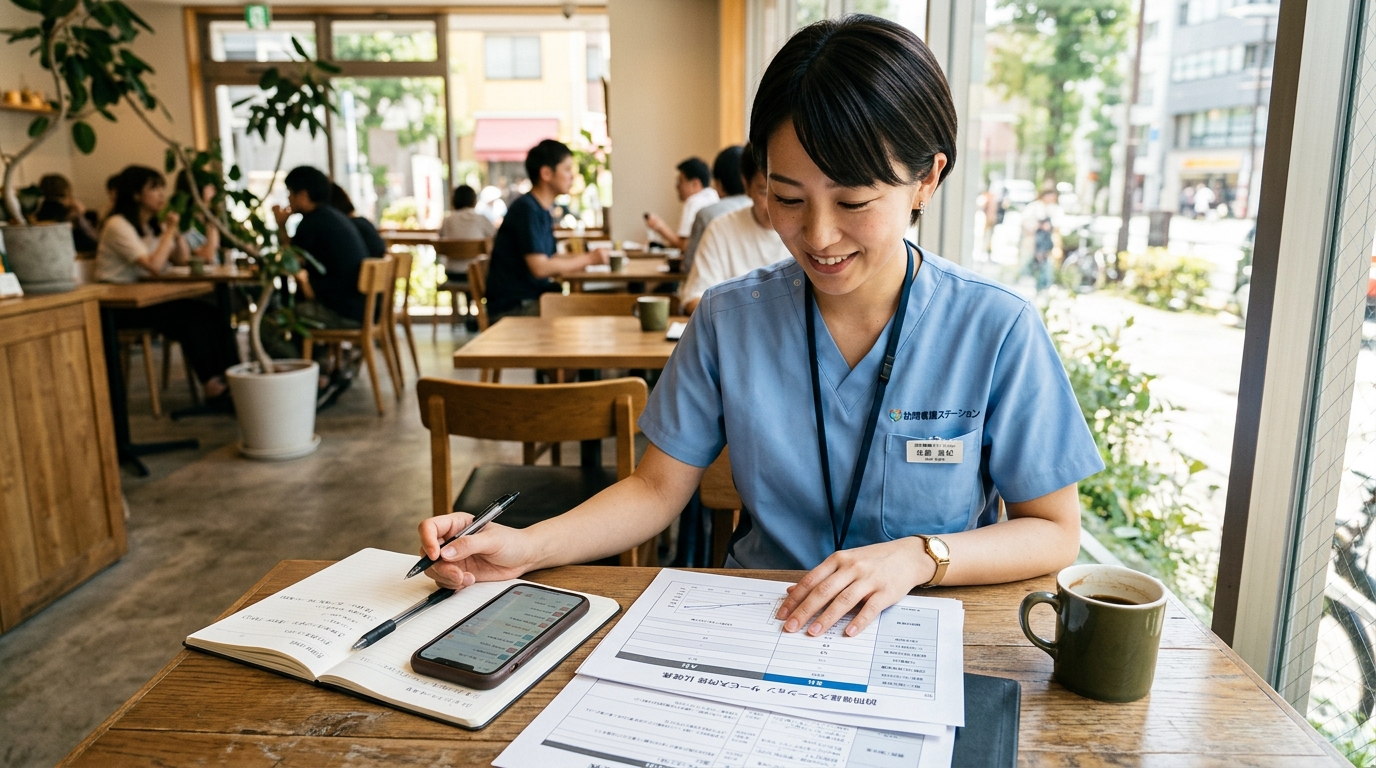 板橋区の訪問看護ステーション選びのために資料を比較検討する看護師