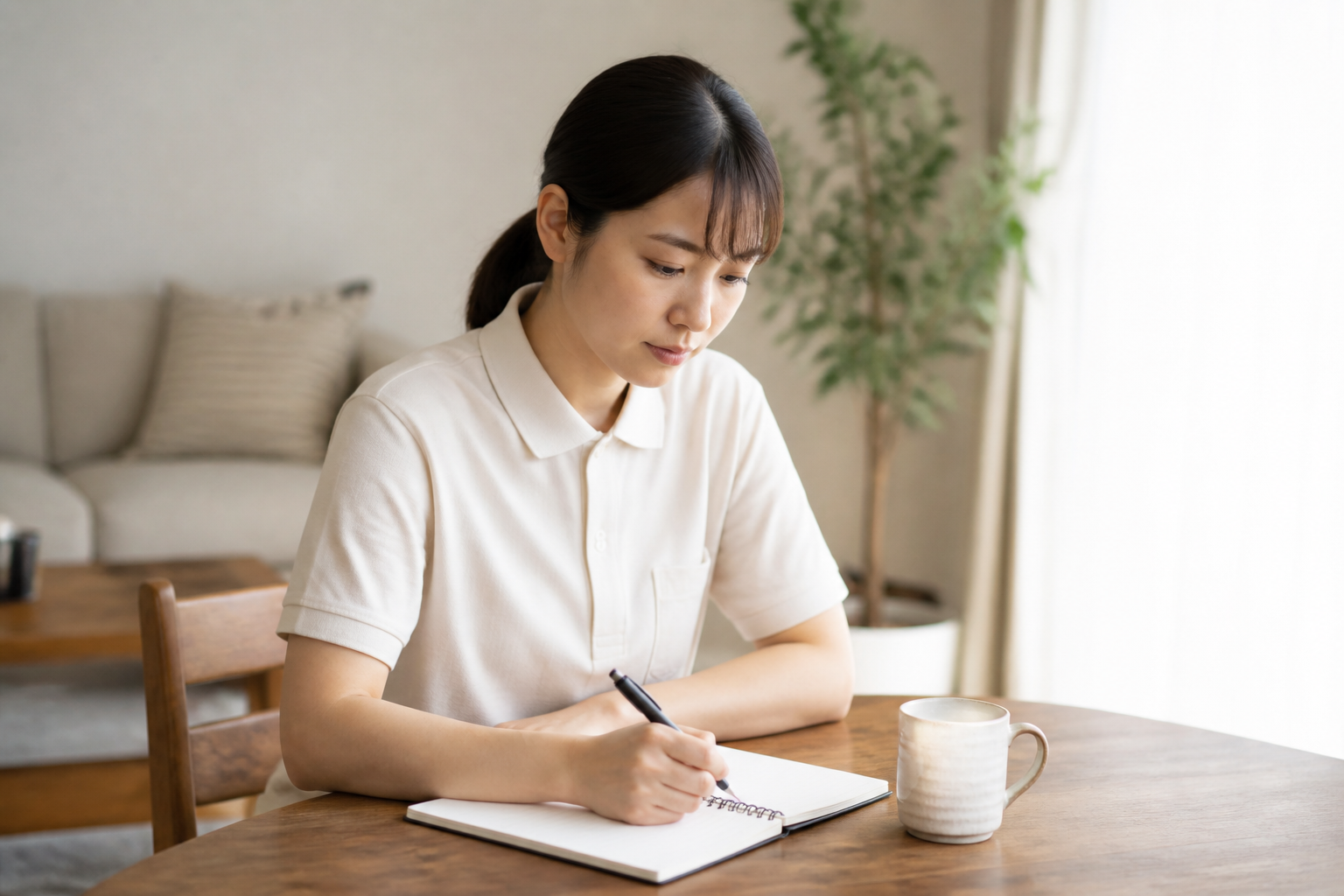 次のキャリアに向けてノートで自己振り返りをする日本人看護師