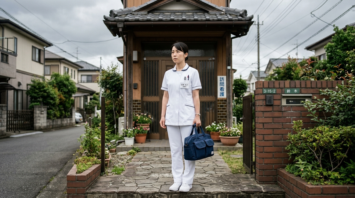 訪問先の玄関前で一人立つ訪問看護師の女性