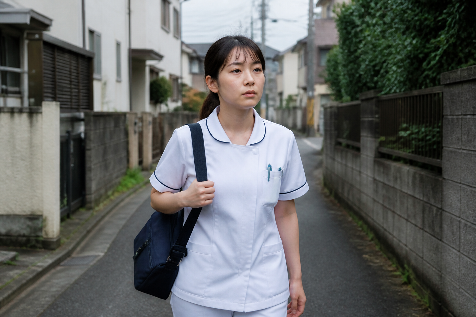 住宅街を一人で訪問先へ向かう日本人女性訪問看護師