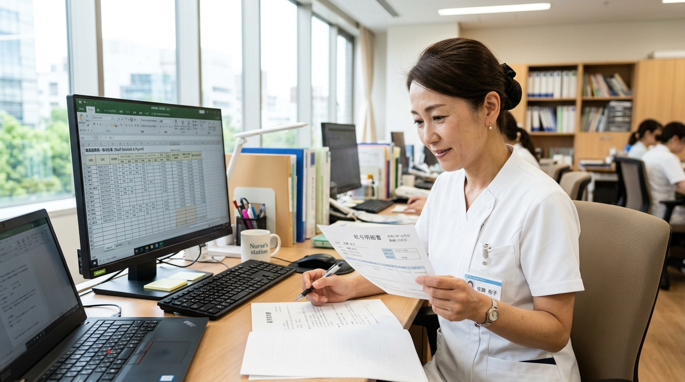 訪問看護師が給与明細や賞与の構成要素を確認している様子