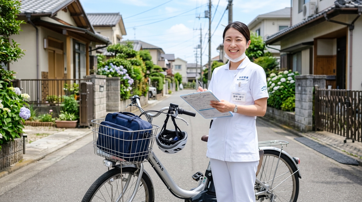 訪問看護師が住宅街で書類を持ちながら笑顔で立っている様子