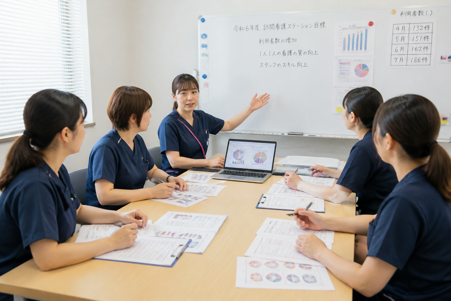 訪問看護ステーションでがん在宅ケアの統計データをもとに複数の看護師がカンファレンスをしている様子
