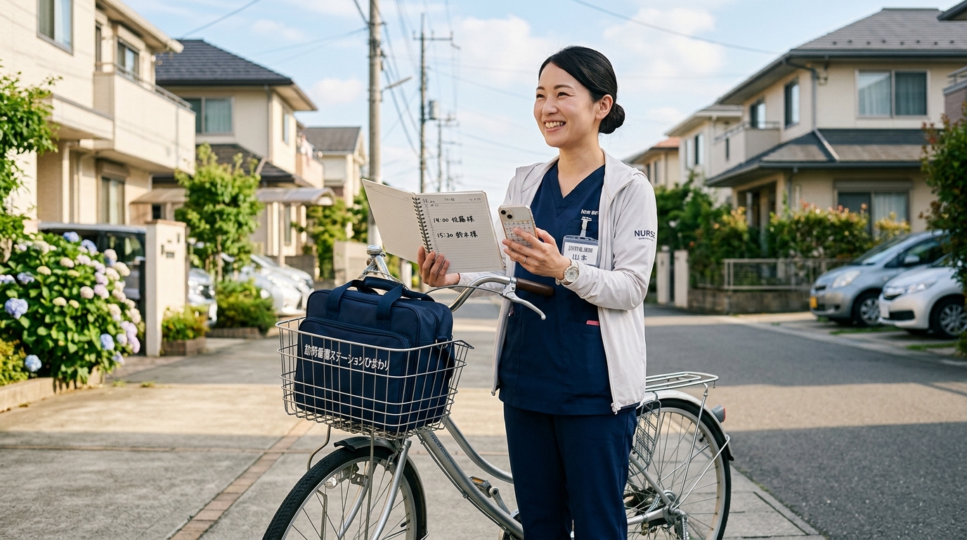 訪問看護師が自転車でルートを確認している場面。自分に合うステーションを選び、キャリアを切り拓くイメージ。