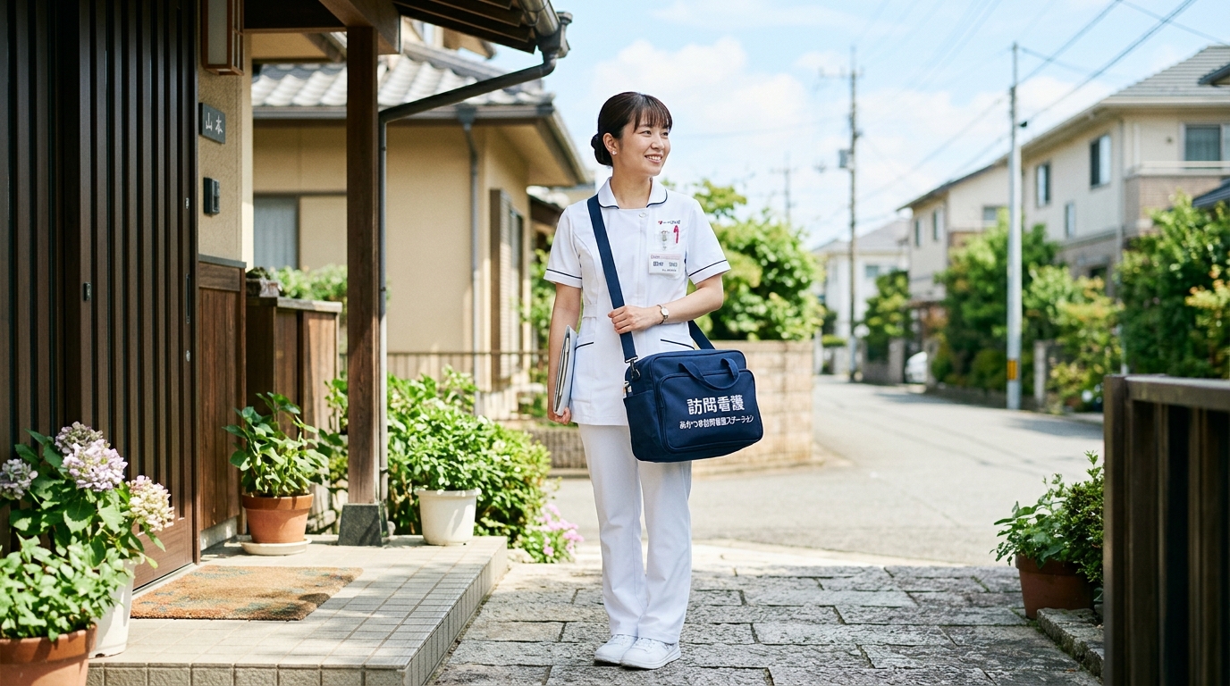 訪問看護師が患者宅を訪問する場面。キャリアを見据えたステーション選びのイメージ。