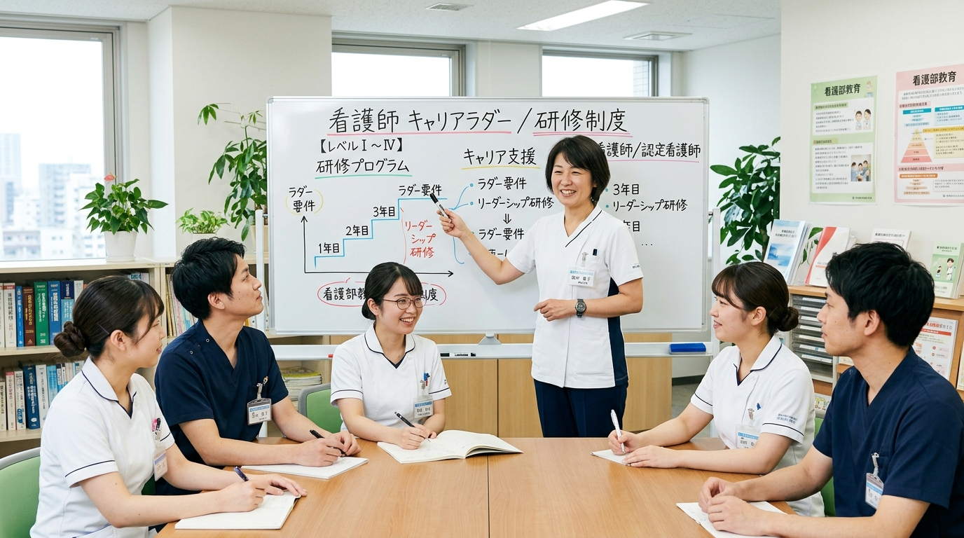 訪問看護管理者がキャリアラダーについてスタッフに説明している研修の様子。