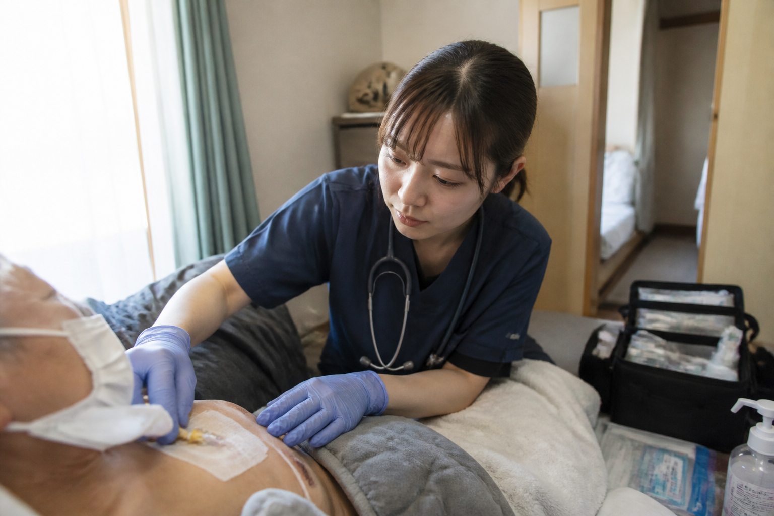 訪問看護師が利用者宅でCVポートの状態を確認している様子