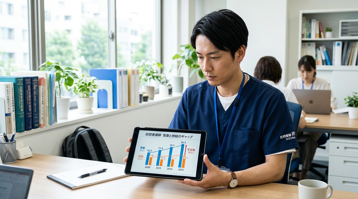 訪問看護師の需要と人材不足を示すデータをタブレットで確認する看護師