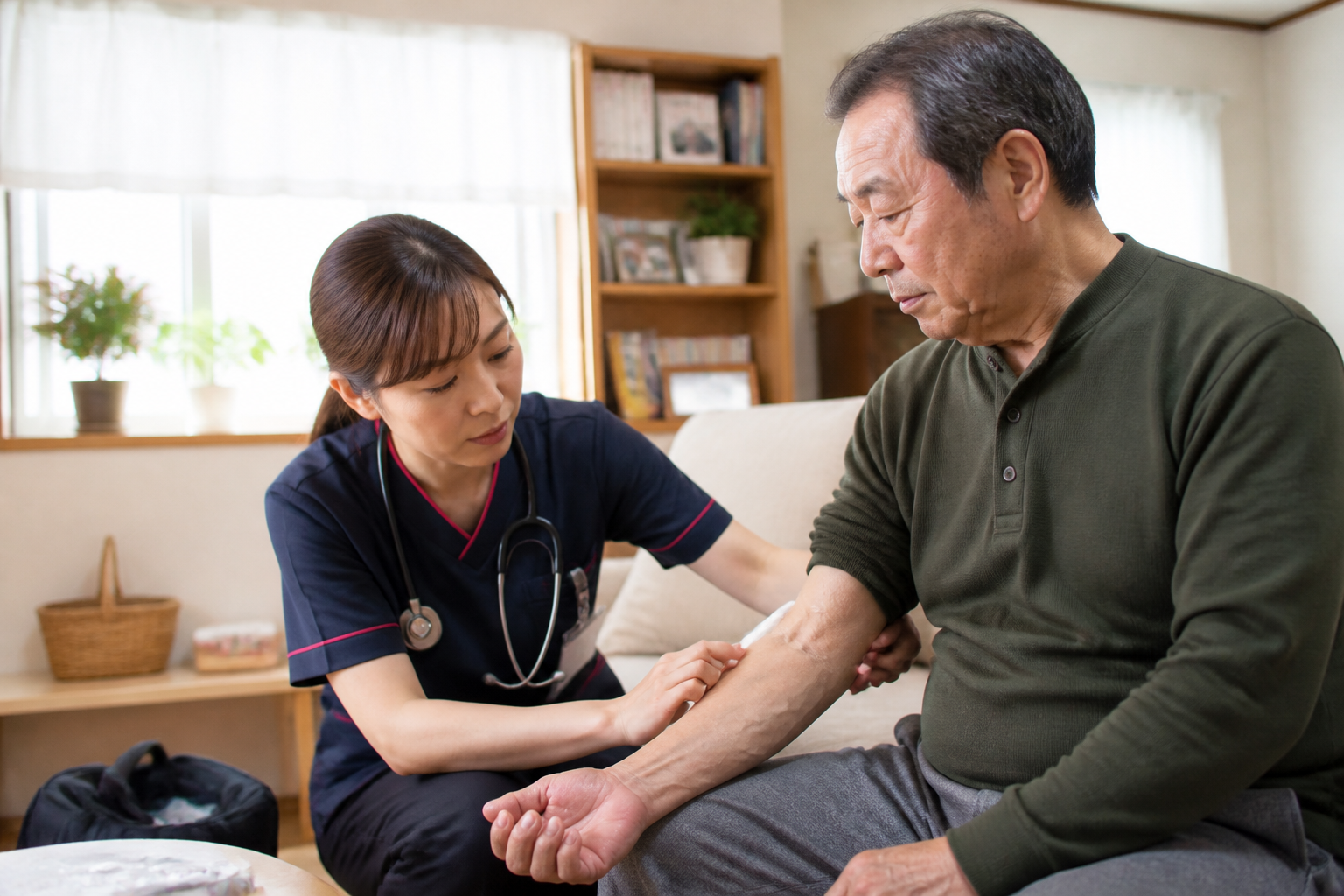 自宅で高齢の透析患者のシャントを観察する訪問看護師