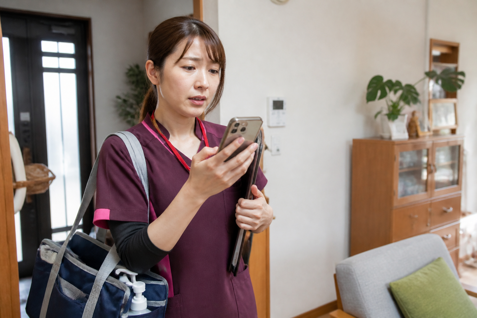 利用者宅で医師への連絡を前に考える訪問看護師