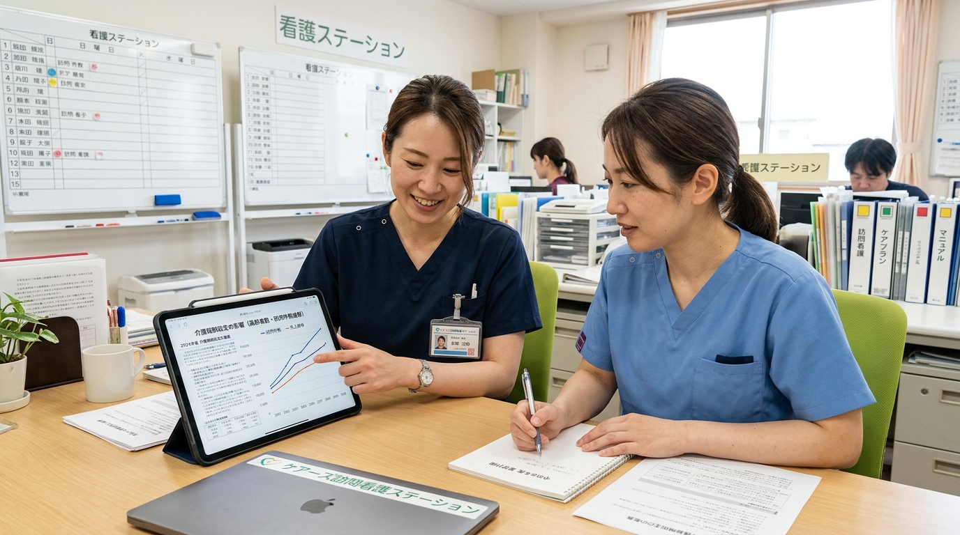 訪問看護ステーションで年収と将来見通しを資料で確認する看護師