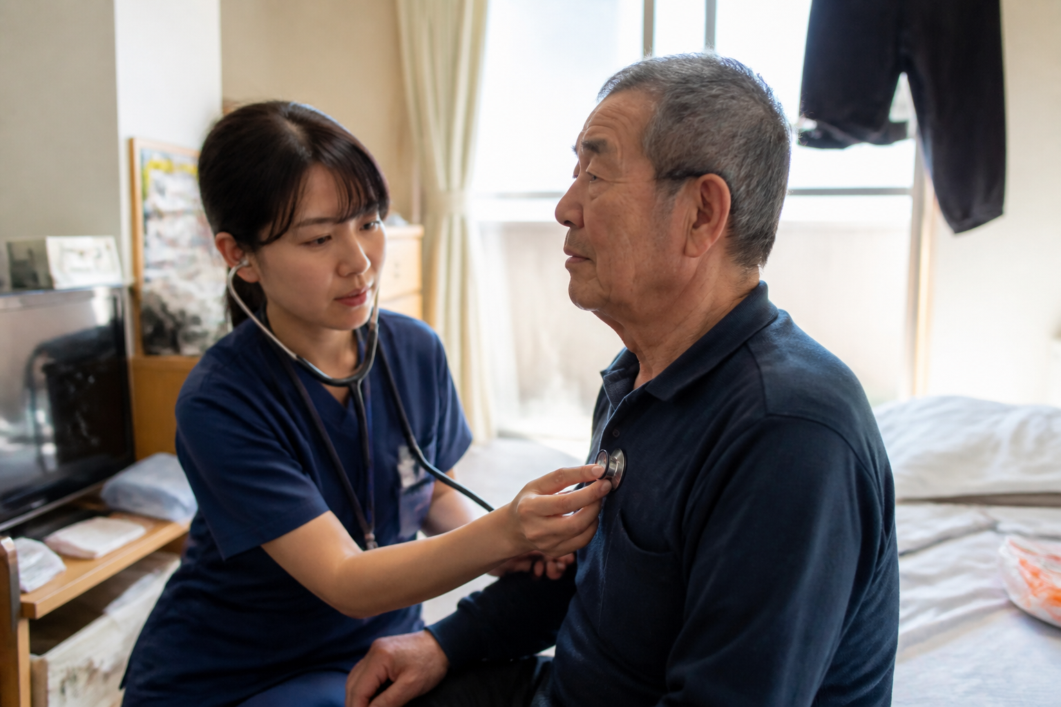 在宅で心不全患者を訪問診察する訪問看護師