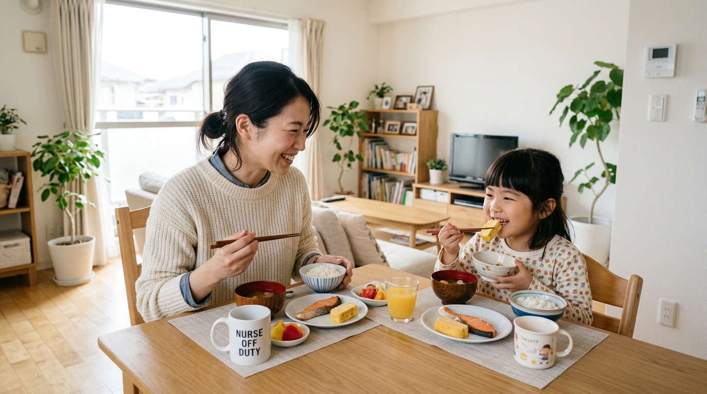土日休みを取得した訪問看護師が自宅で子どもと過ごす朝のシーン