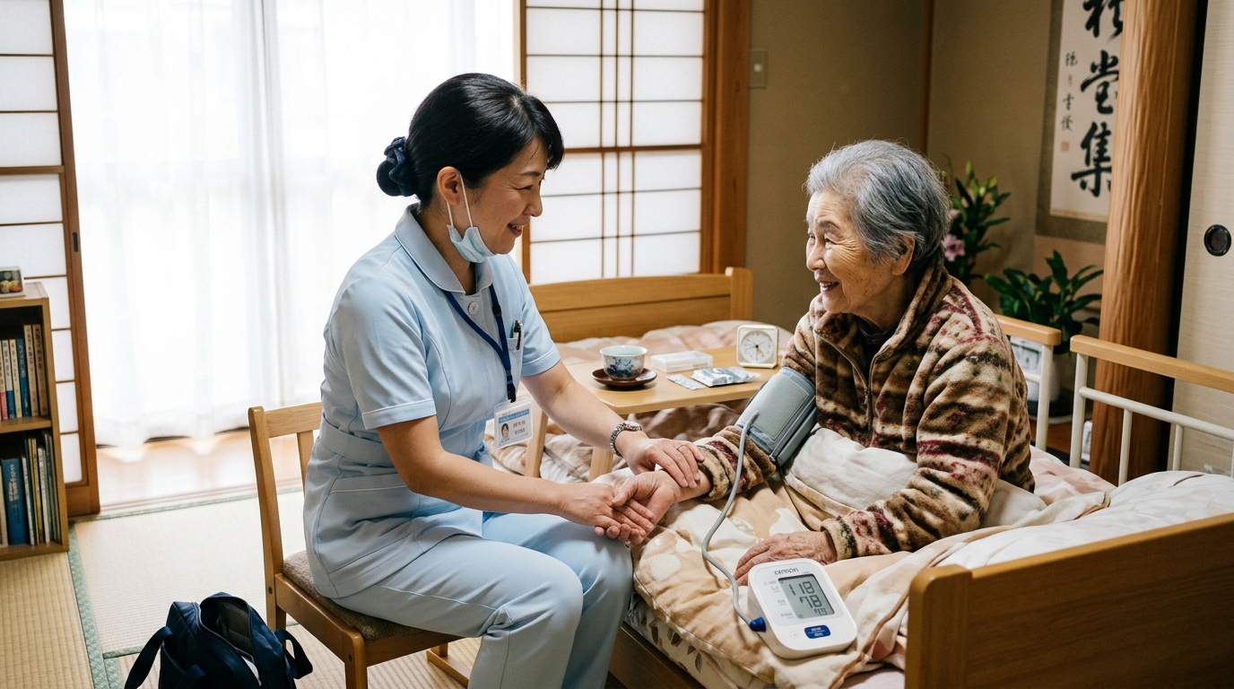 40代の女性訪問看護師が在宅療養中の高齢患者のベッドサイドでバイタルサインを測定している様子