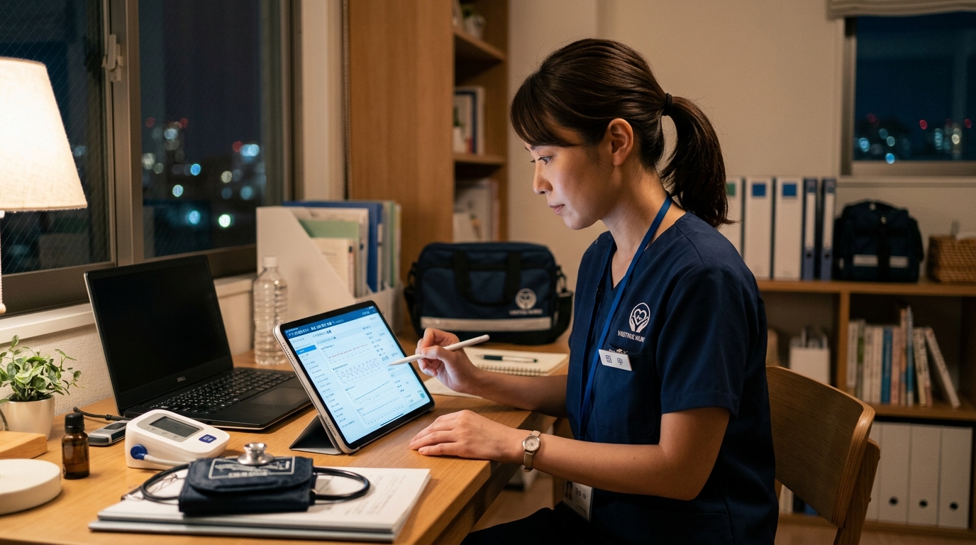 オンコール対応中にタブレットで電子カルテを確認する訪問看護師