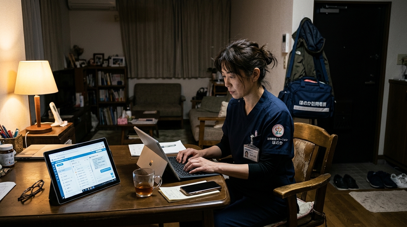 訪問看護師が深夜に電子カルテとチャットツールを使い夜間対応を行う様子