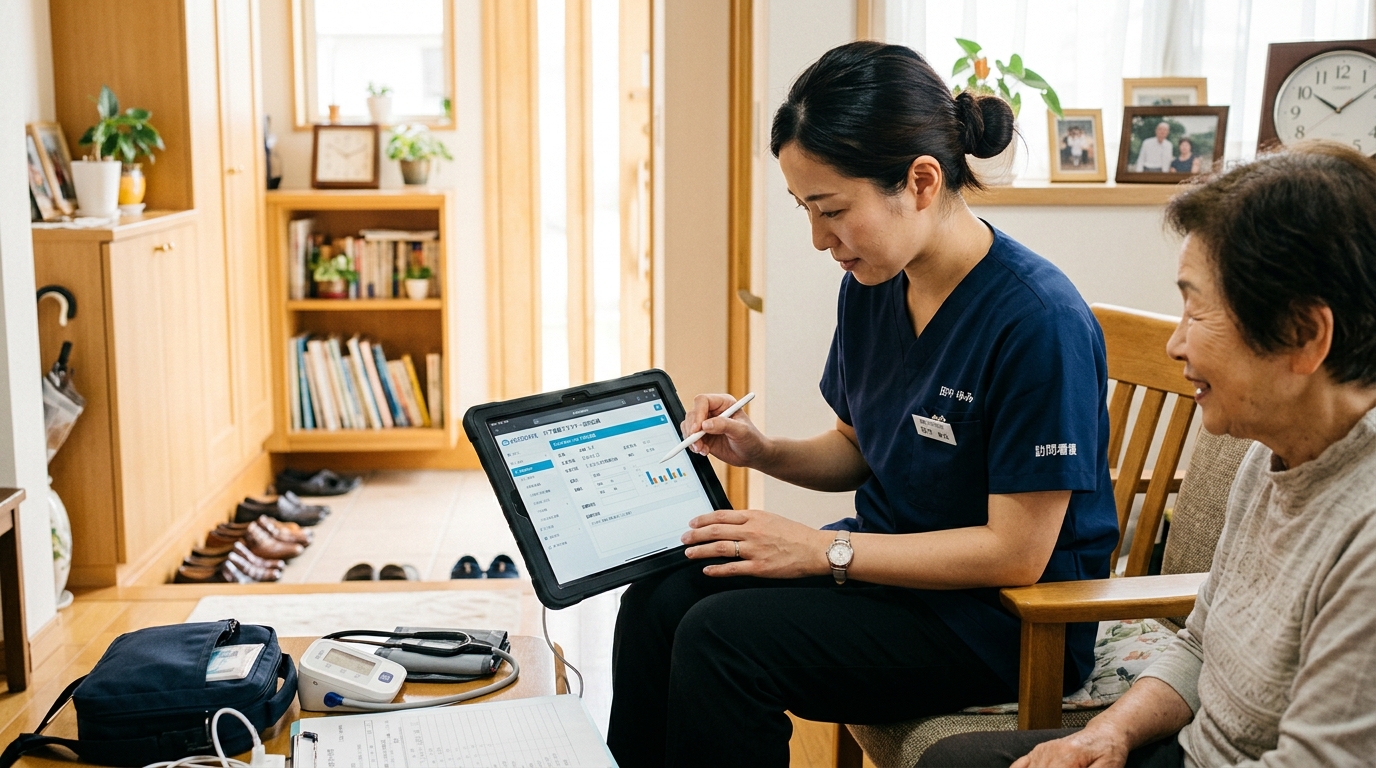 タブレットで電子カルテを操作する訪問看護師。ICT活用で休日の業務持ち越しを削減するイメージ