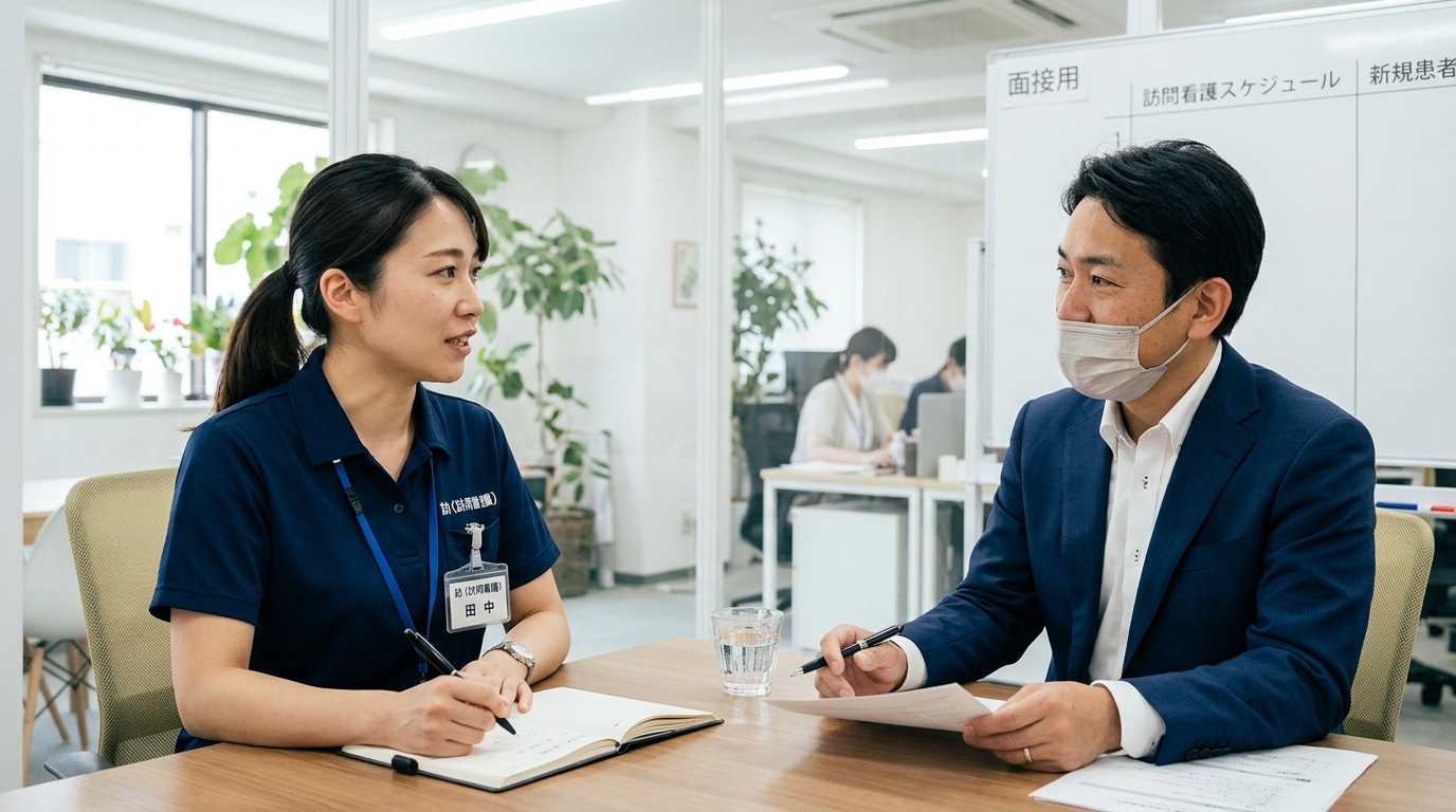 訪問看護師が面接でボーナスや就業規則について確認している様子
