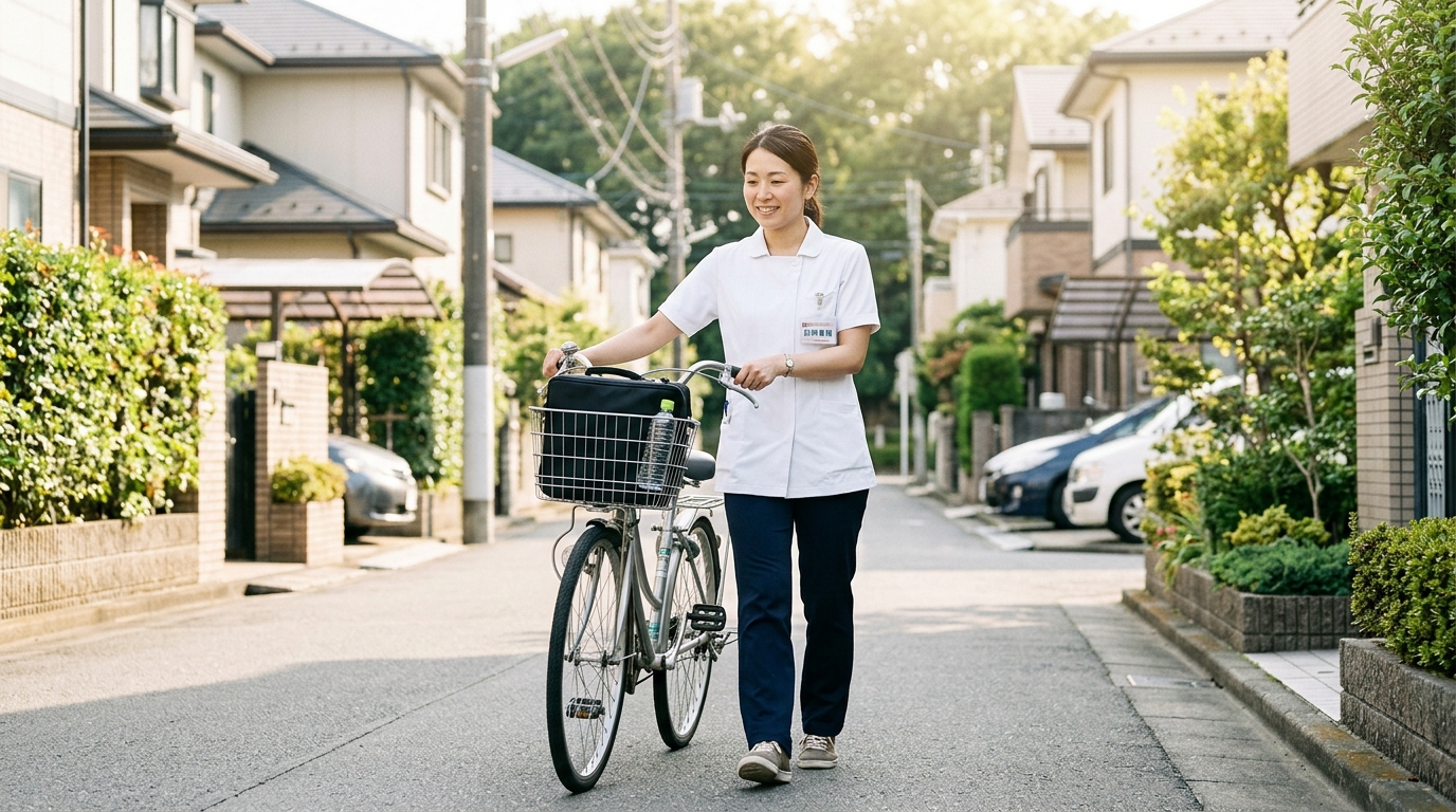 住宅街を自転車で移動する日本人の訪問看護師