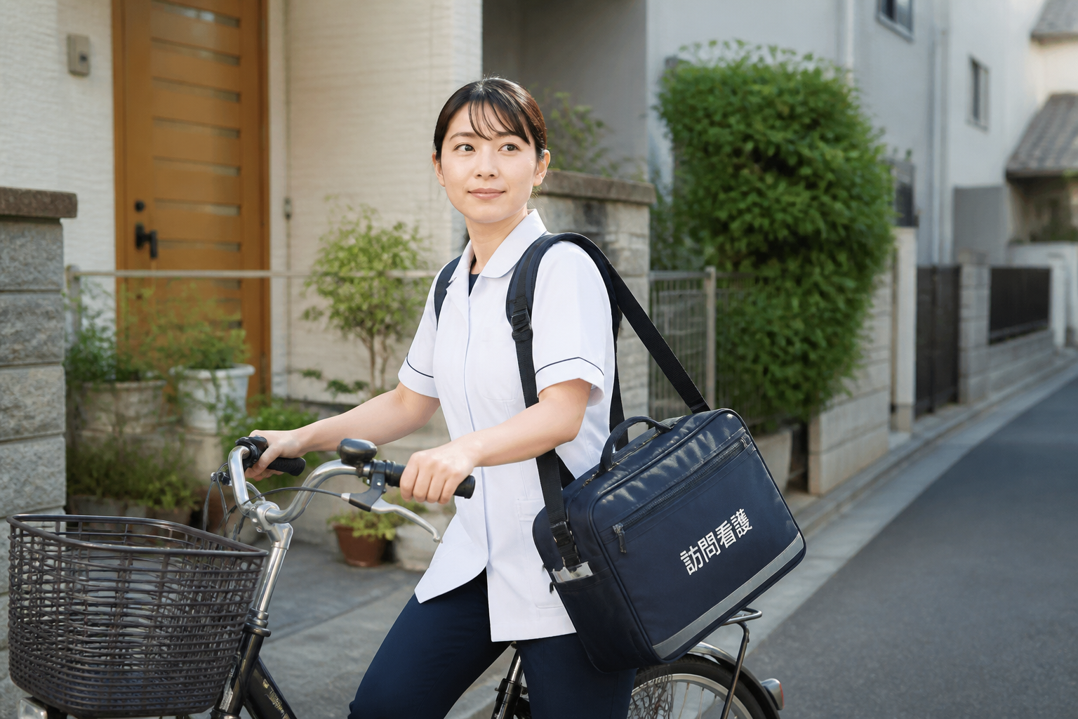 訪問看護師が住宅街で自転車に乗り利用者宅へ向かう様子