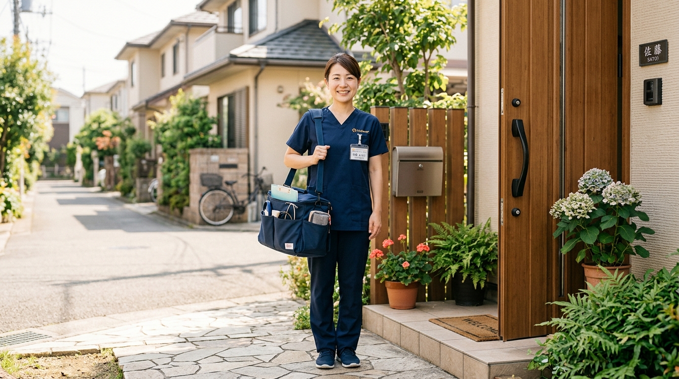 訪問看護師が利用者宅の玄関前に立っている様子