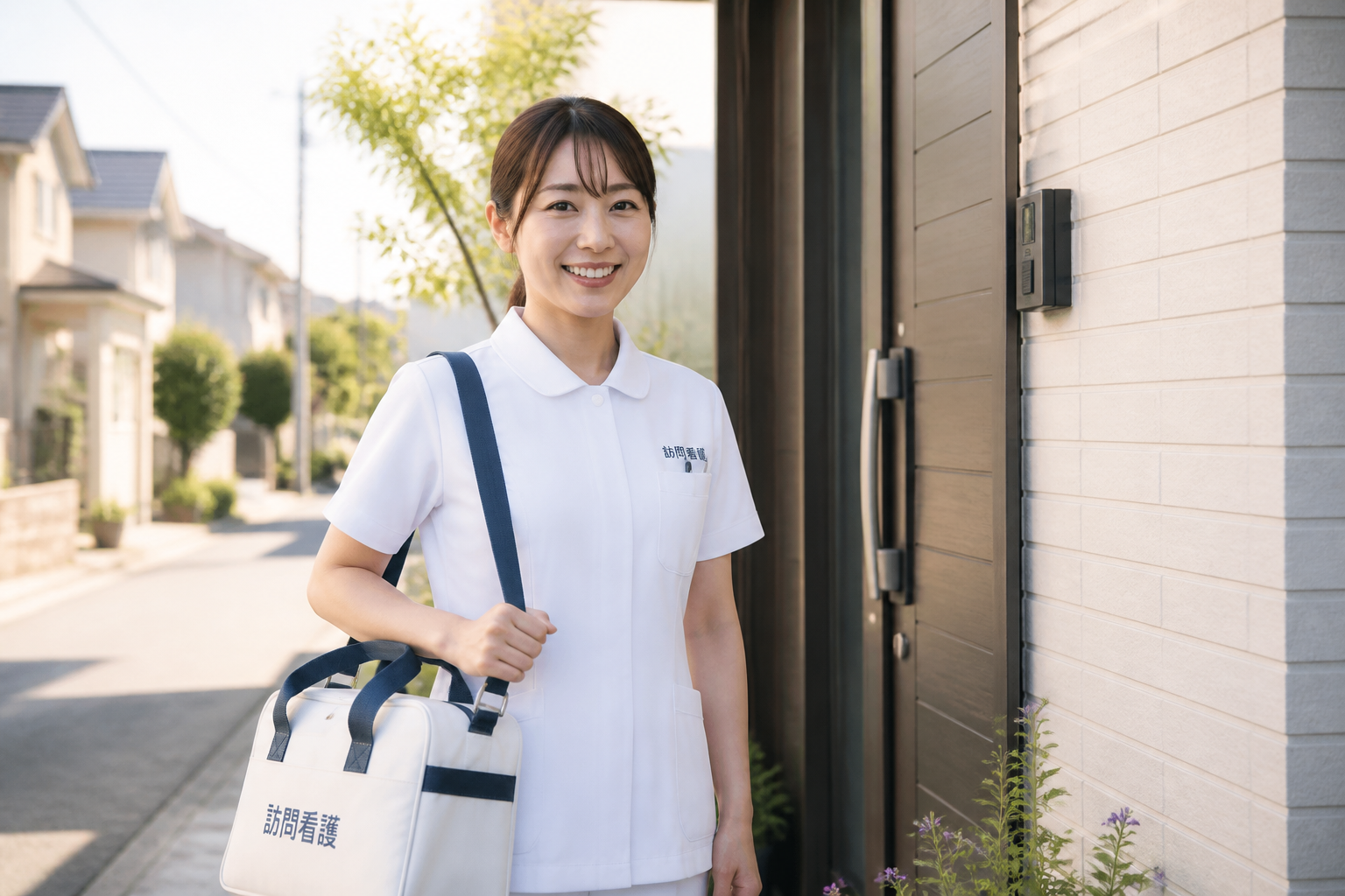 訪問看護師が住宅街の玄関前でバッグを持ち笑顔で立っている様子