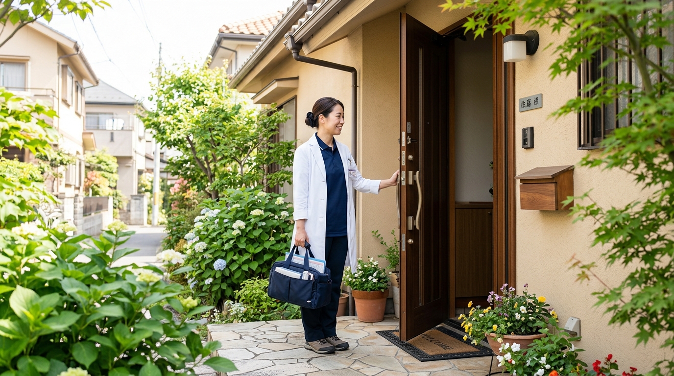 板橋区の住宅街で利用者宅を訪問する日本人女性訪問看護師