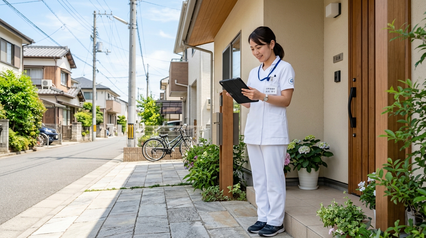 訪問看護師が住宅街で訪問前にタブレット端末を確認している様子