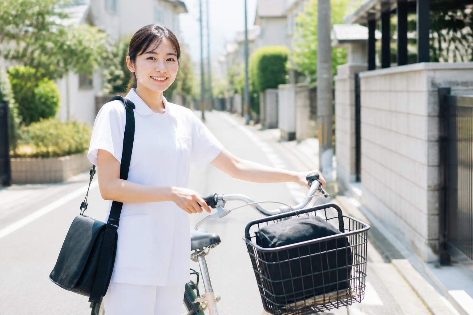 住宅街で自転車のそばに立つ訪問看護師の女性