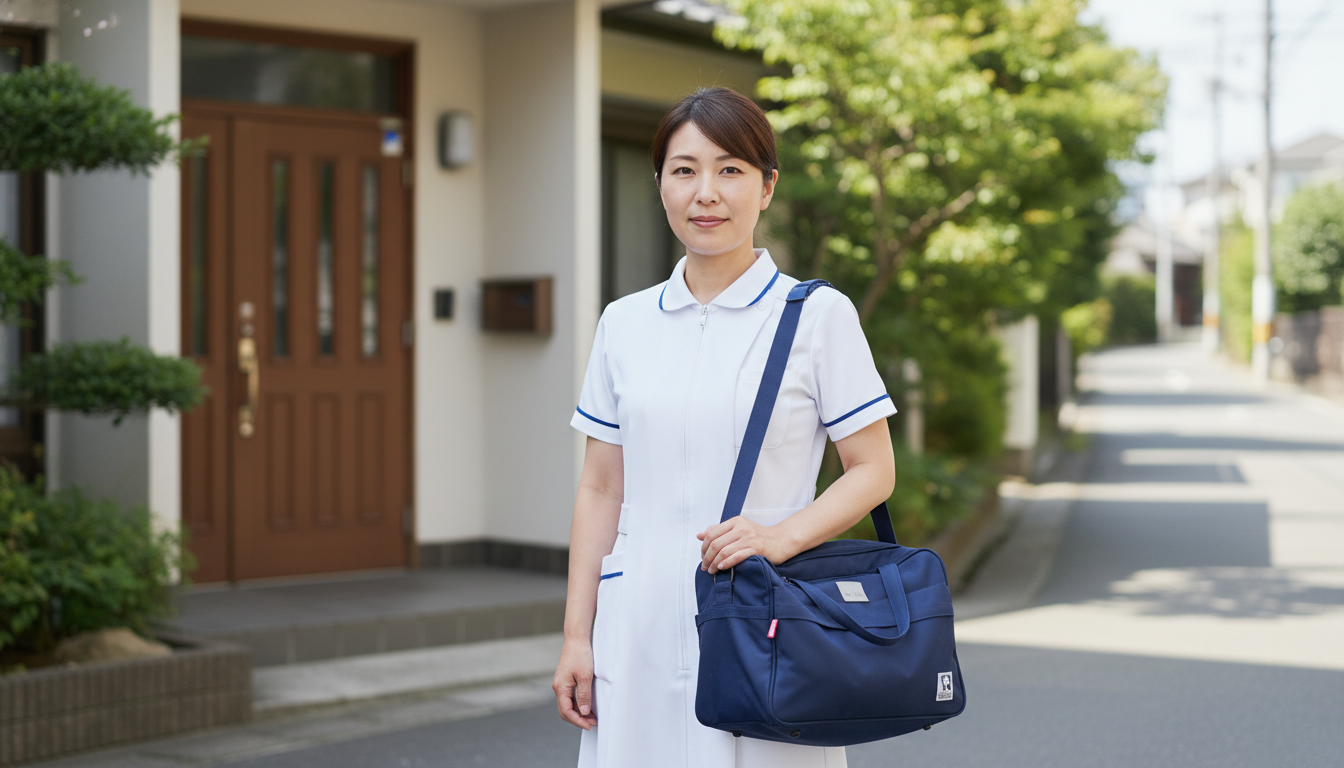 訪問看護用バッグを持ち住宅街の玄関前に立つ日本人女性看護師