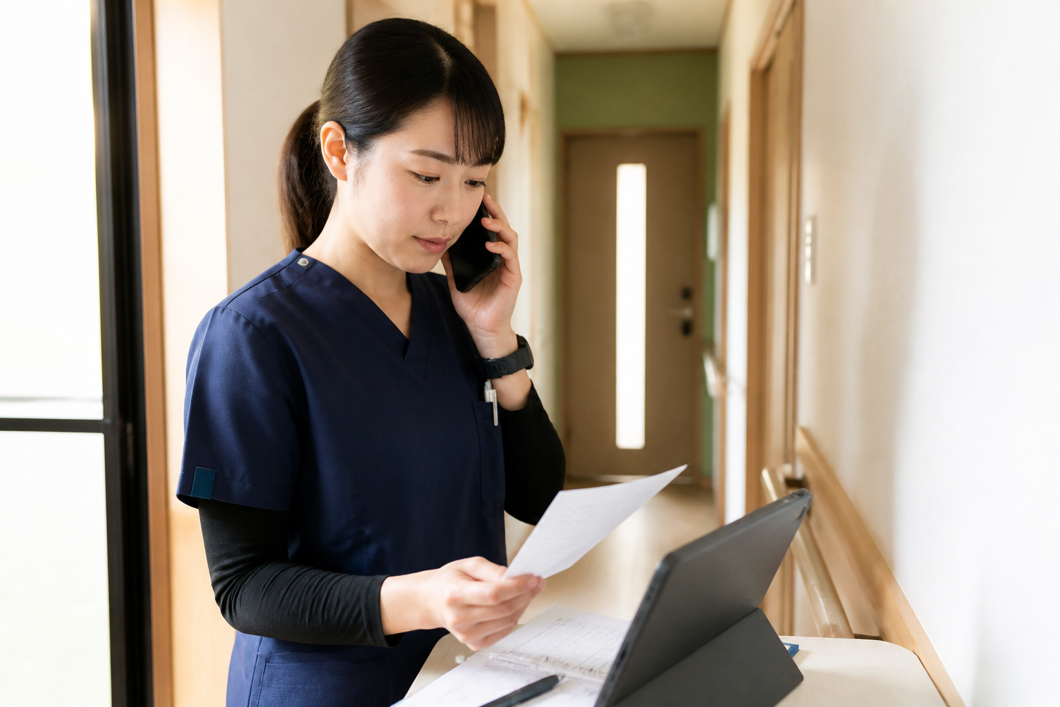 ISBARのメモを見ながら医師に電話で報告する訪問看護師
