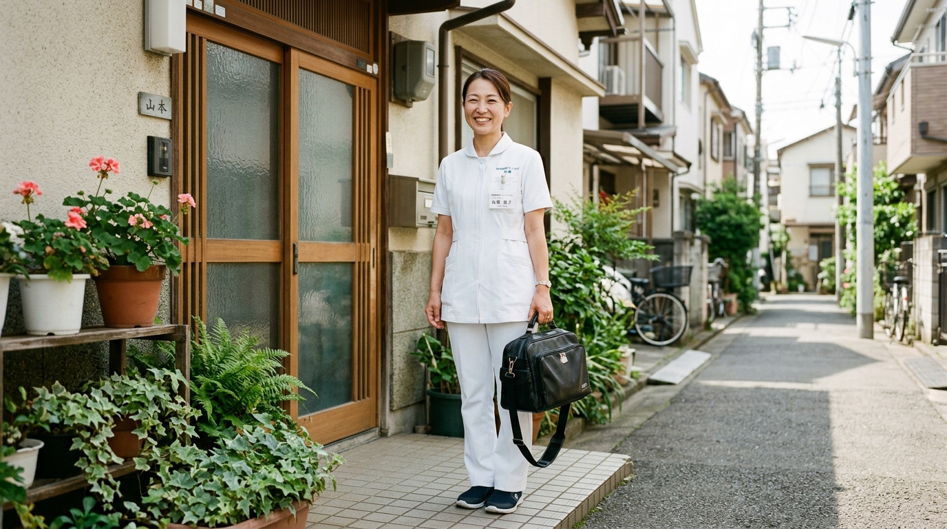 板橋区の住宅街で訪問看護に向かう日本人女性看護師