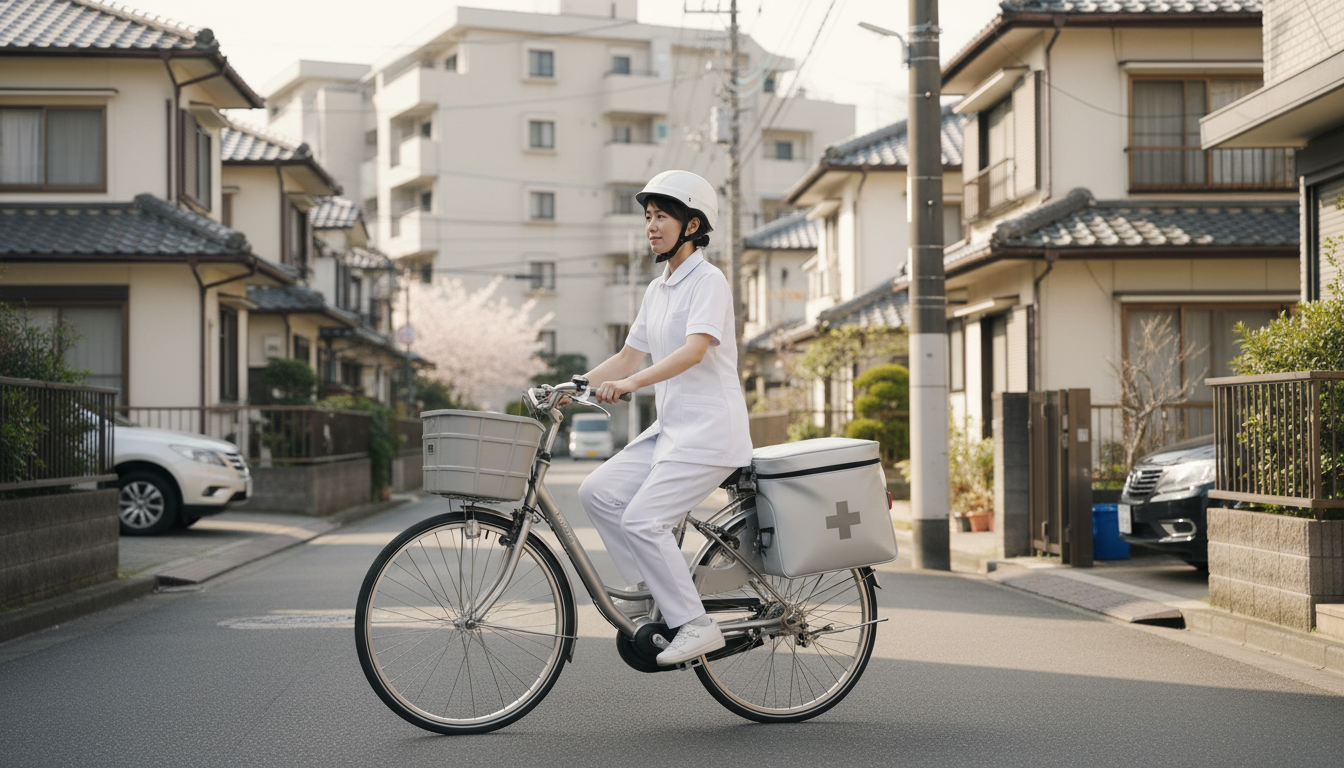 板橋区の住宅街を電動自転車で移動する訪問看護師