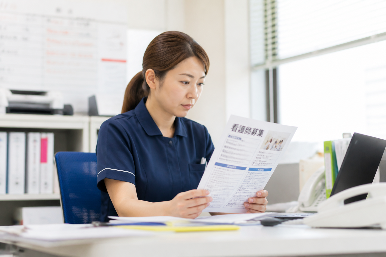 訪問看護ステーションで求人票を確認する日本人看護師