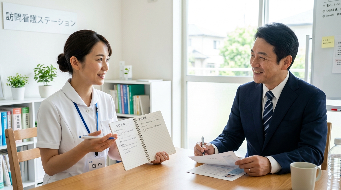 訪問看護師が転職面接でオンコール体制や手当について確認している場面