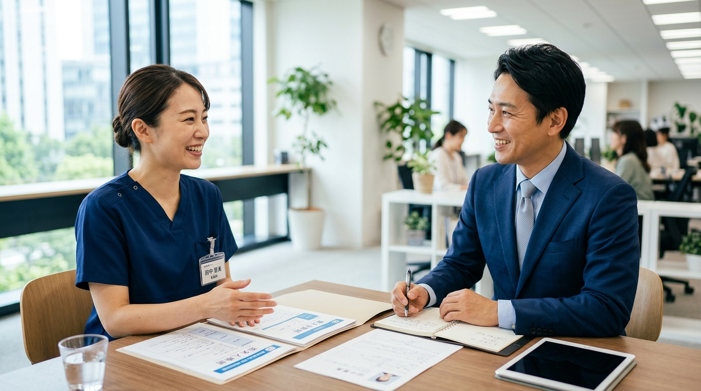 訪問看護の求人を面接で確認する看護師。土日休みの条件を交渉・見極めるシーン