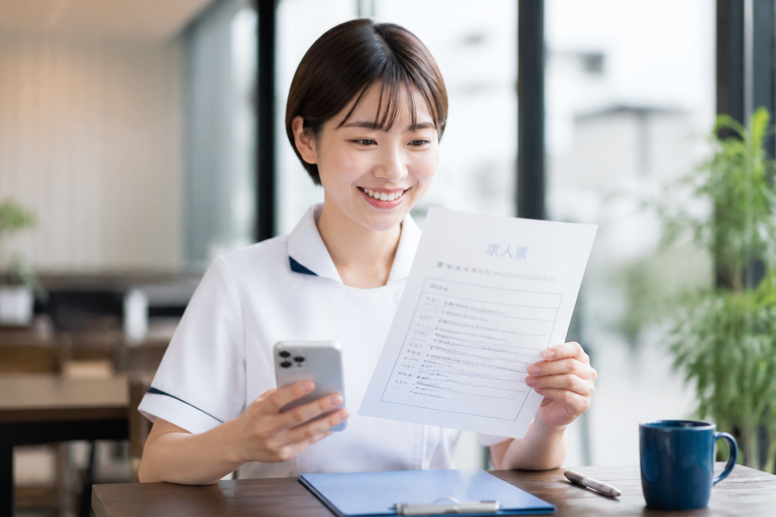 転職活動中の訪問看護師が求人票を確認している場面