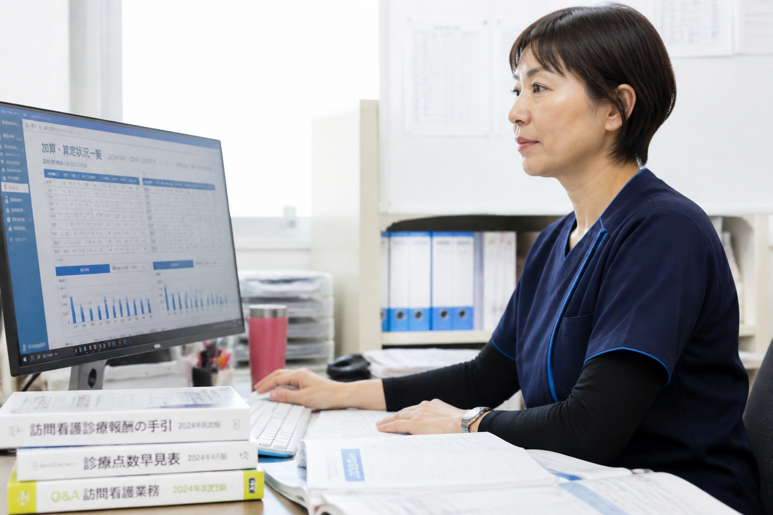 訪問看護ステーションの管理者が加算算定状況をパソコンで確認している様子