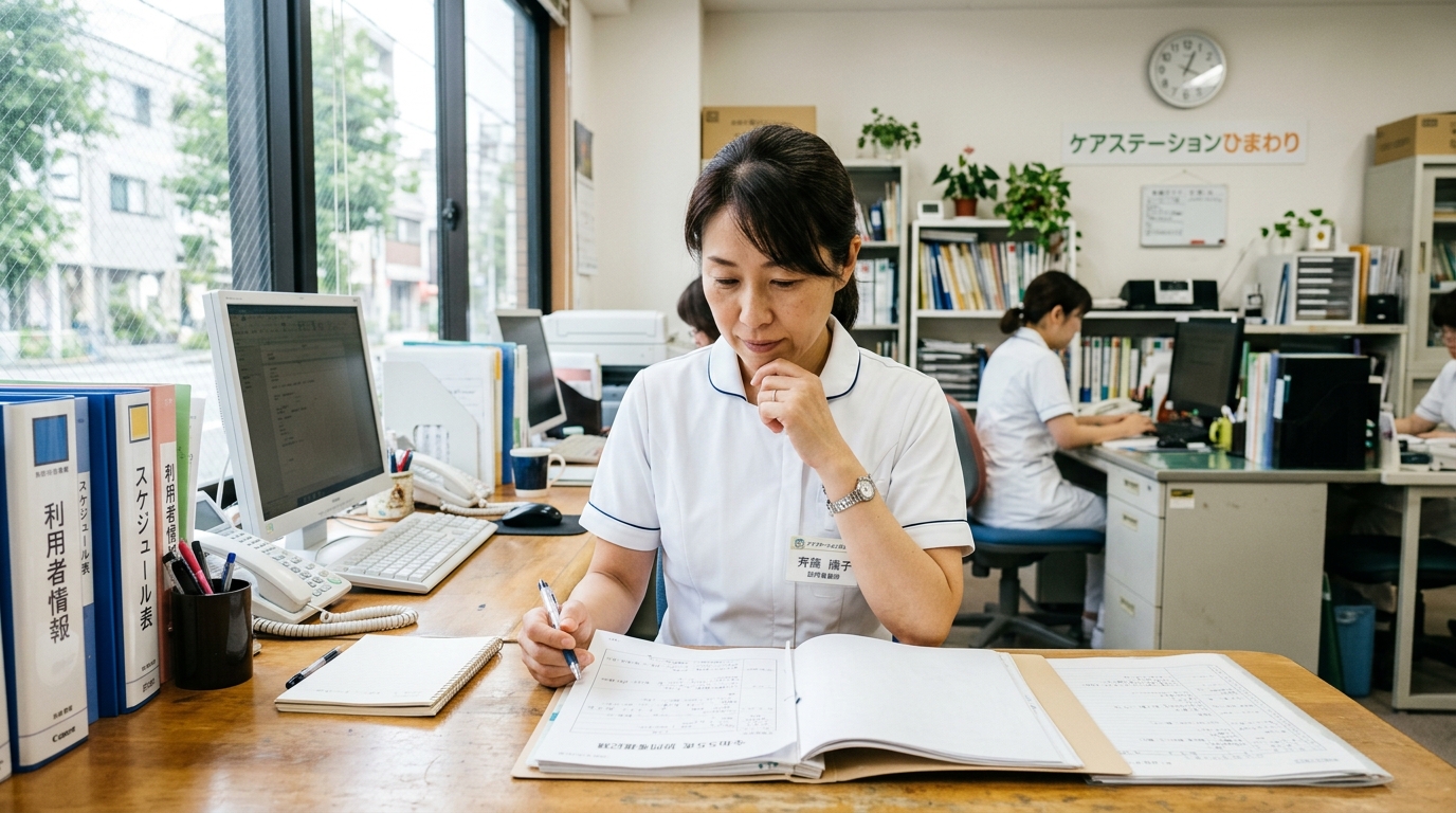 訪問看護ステーションで書類を確認する日本人女性管理者