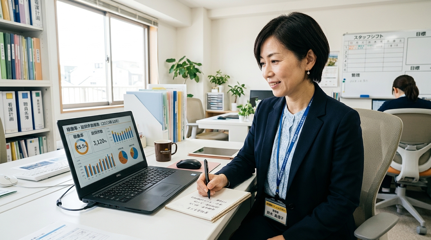 訪問看護ステーションでKPIデータを確認する女性管理者