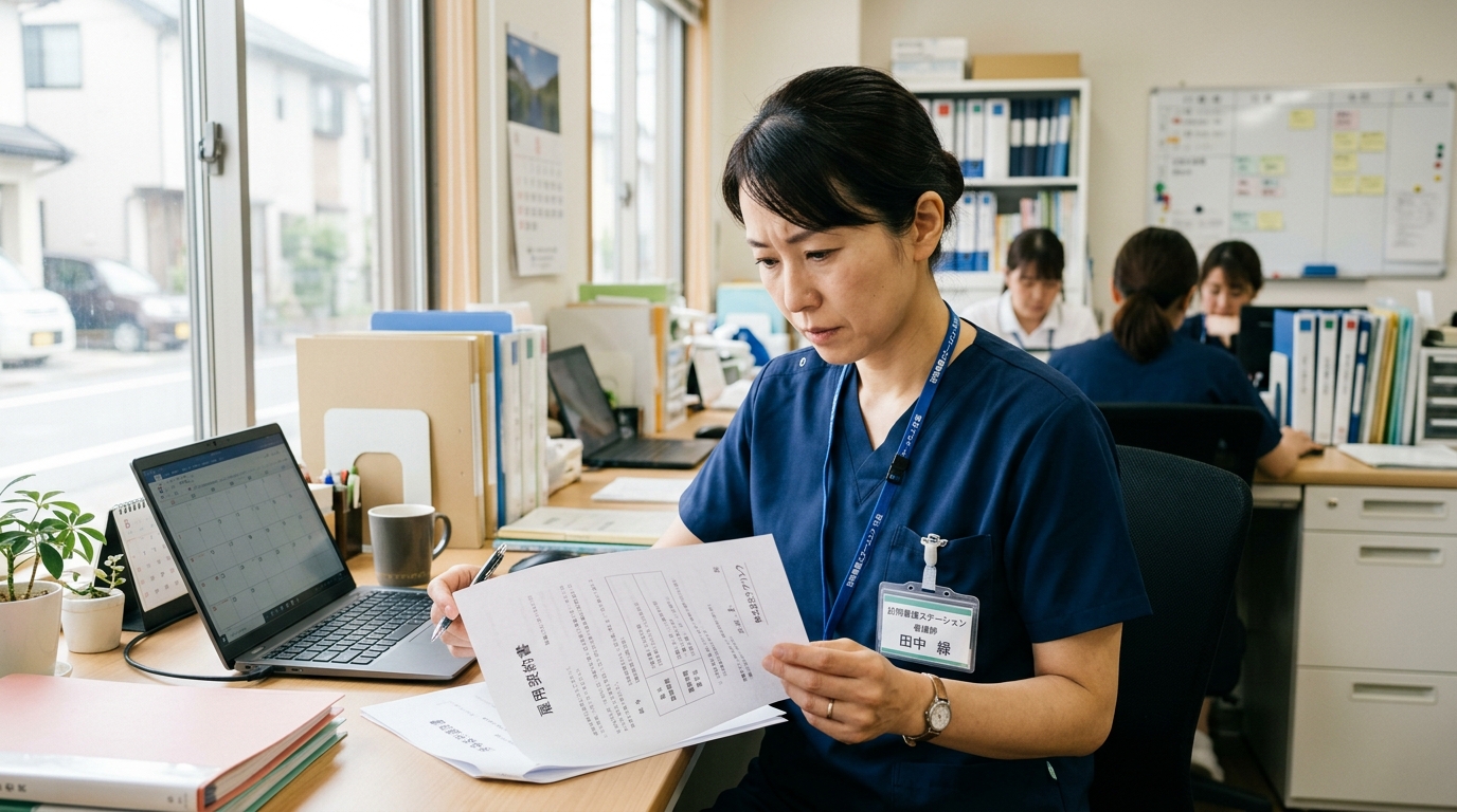 訪問看護管理者への打診を受け、給与条件を書類で確認する看護師