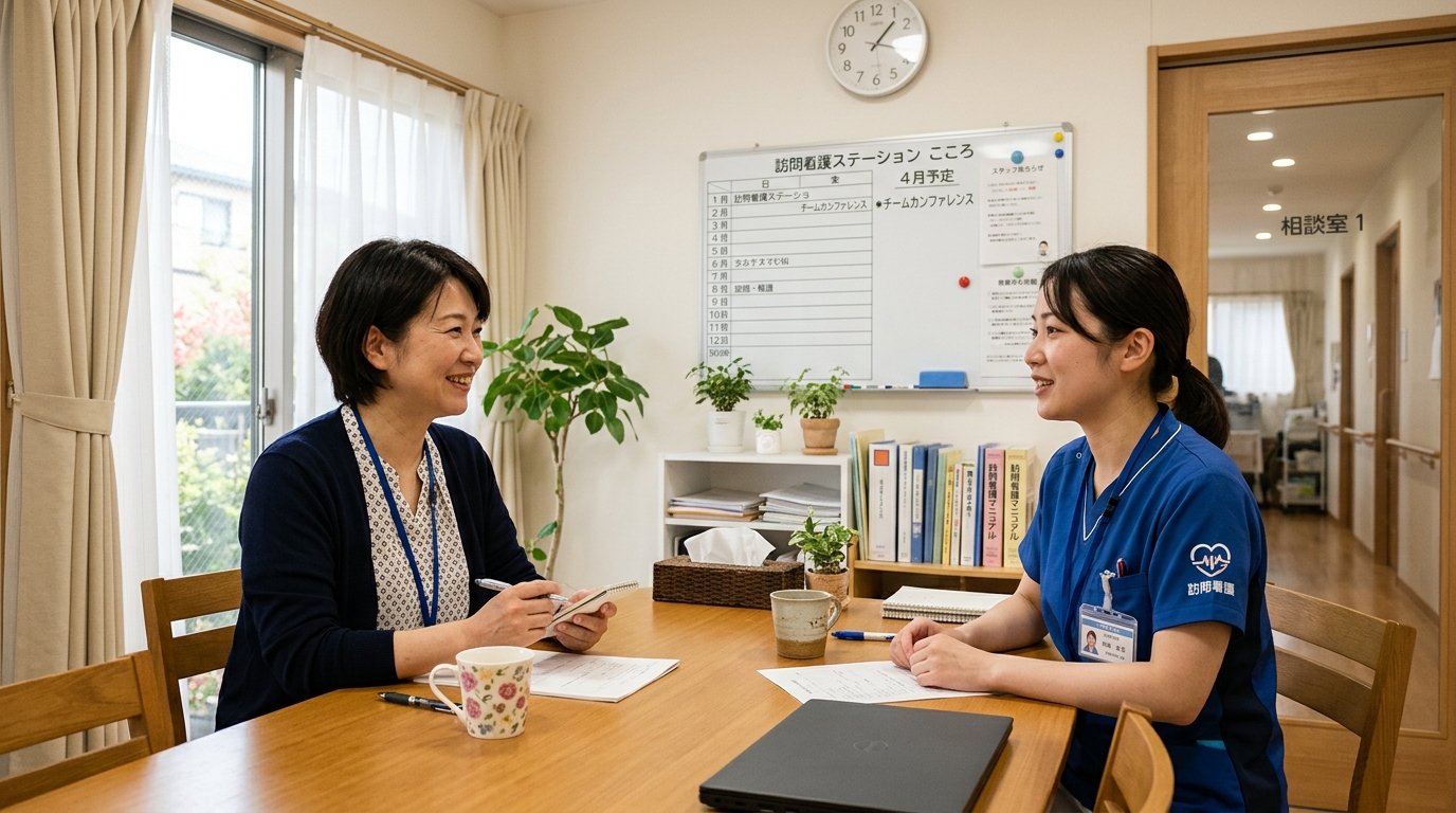 訪問看護ステーションで管理者がスタッフの面談を行いバーンアウト予防を支援している場面