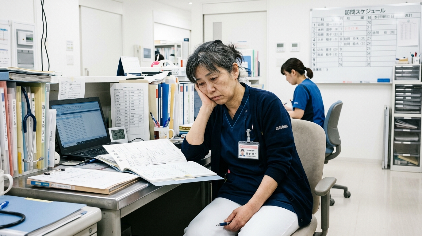 バーンアウトの3因子（情緒的消耗感・脱人格化・達成感低下）に悩む訪問看護師のイメージ