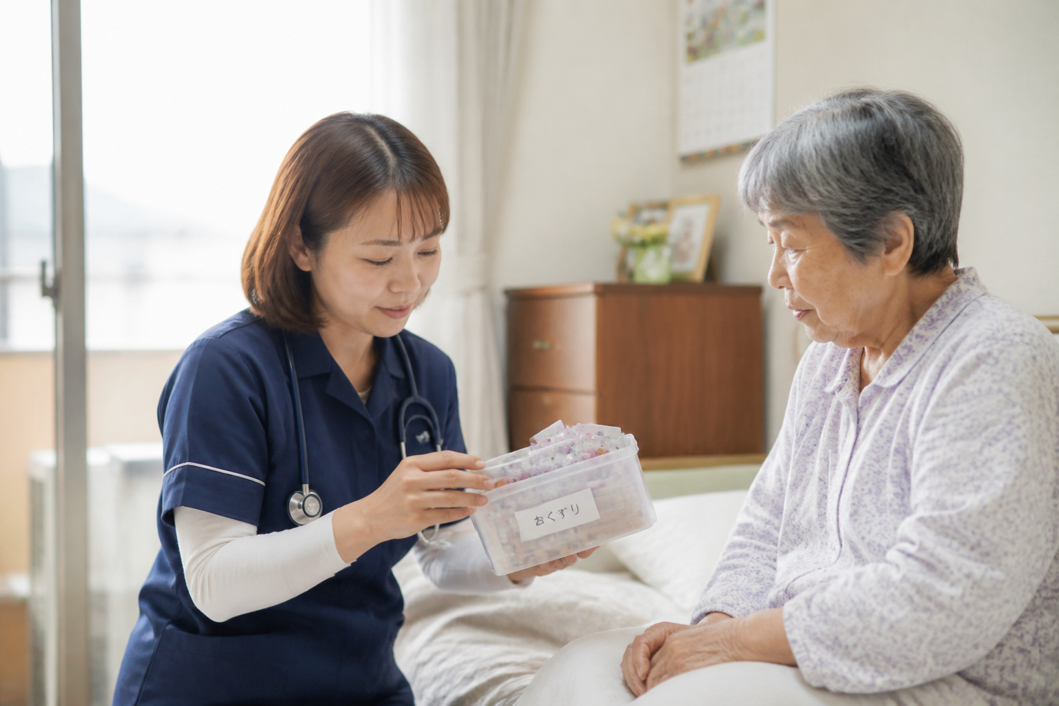 訪問看護師が高齢患者の残薬を確認している様子
