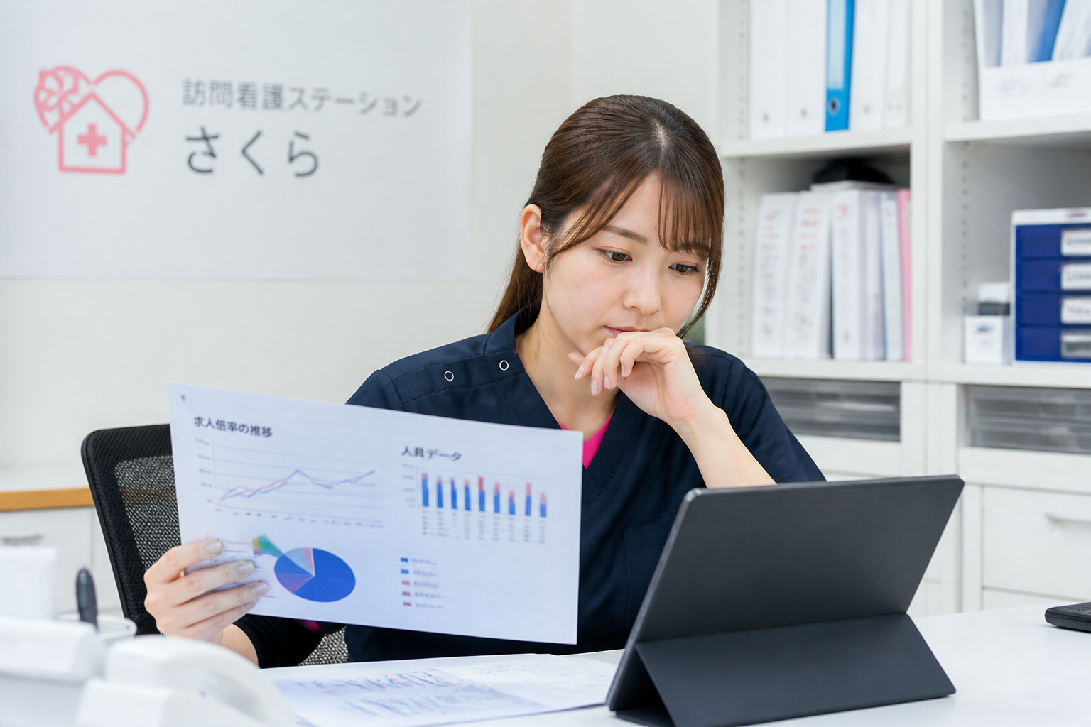 訪問看護ステーションで人員データを確認する看護師