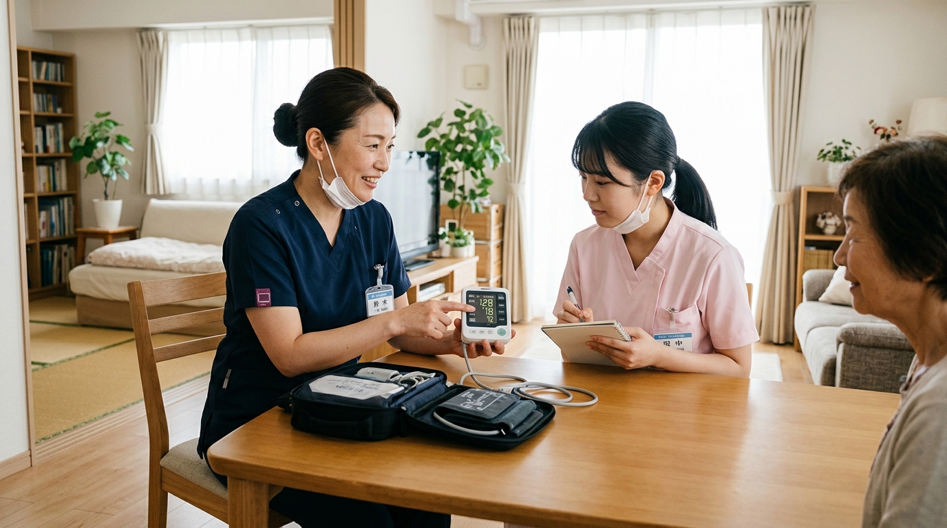 ベテラン訪問看護師が新人に同行訪問の指導をしている様子