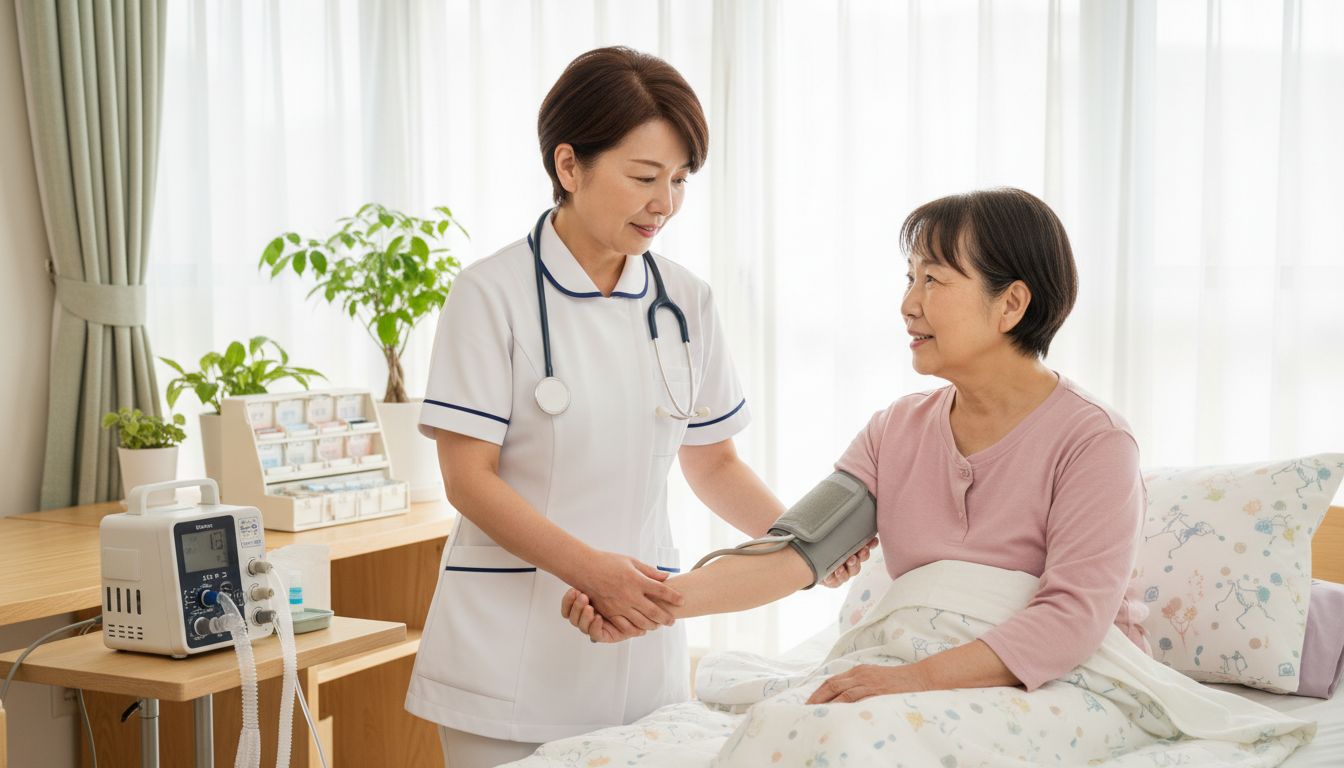 在宅療養者の自宅で先輩看護師と同行訪問OJTを行う新人訪問看護師