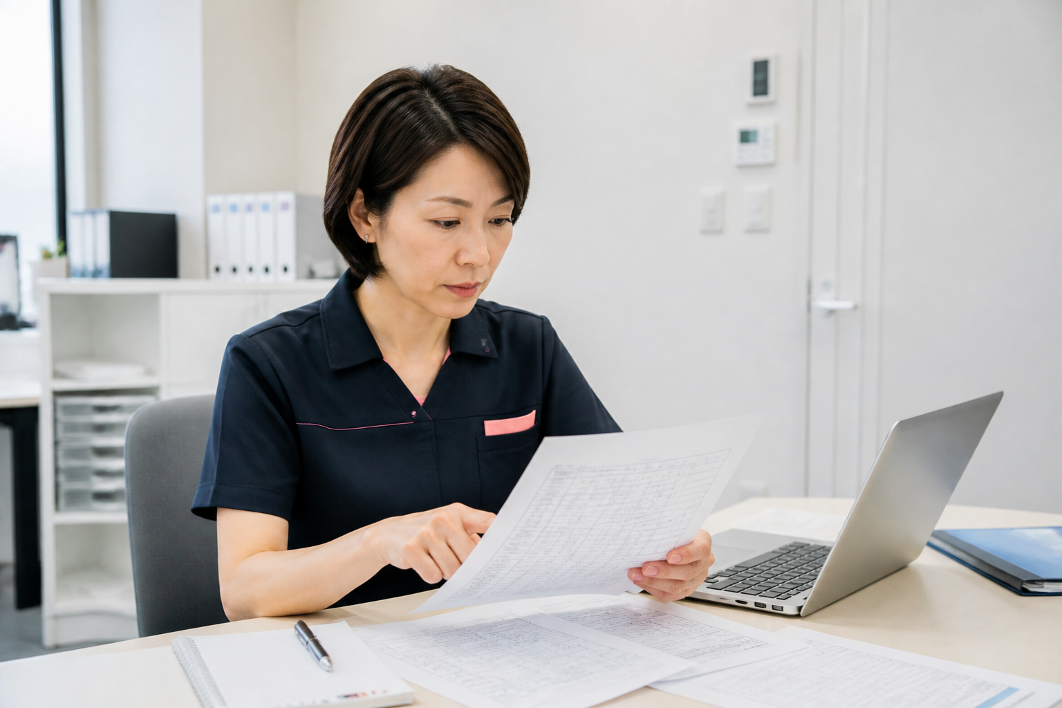 訪問看護ステーションの管理者が給与・手当の一覧表をデスクで確認している様子