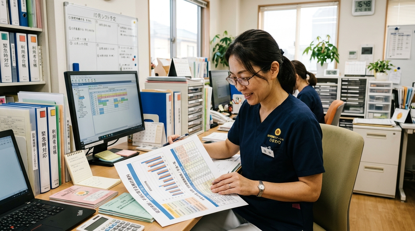 訪問看護ステーションでオンコール体制と手当データを確認する看護師