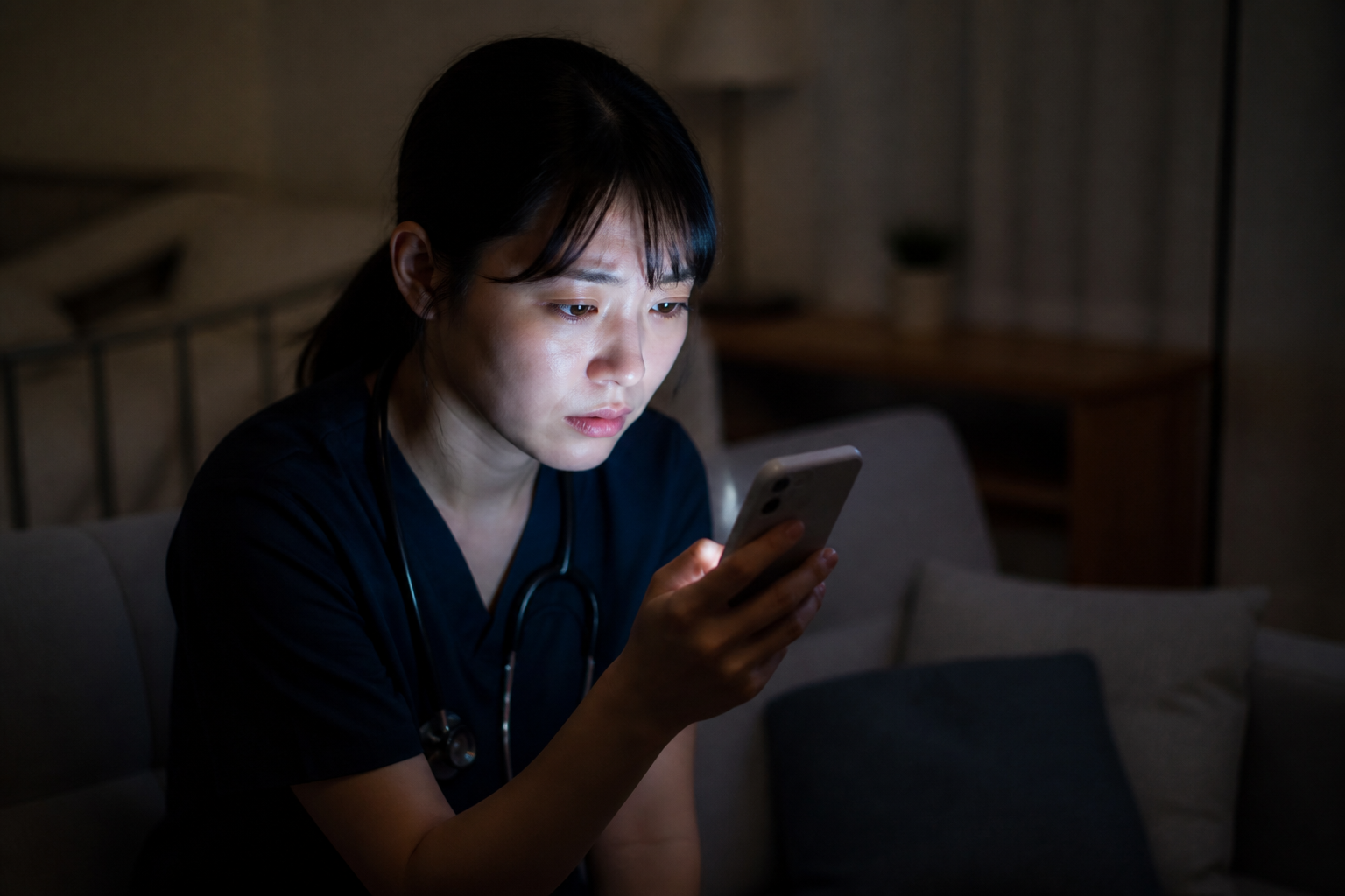 夜間にオンコール待機中のスマートフォンを確認する日本人訪問看護師